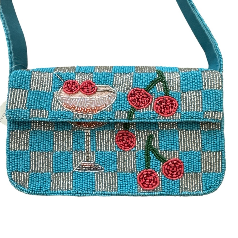 Anthropologie The Fiona Beaded Bag Food Drink Edition Cocktail Cherries Blue New - Picture 4 of 9